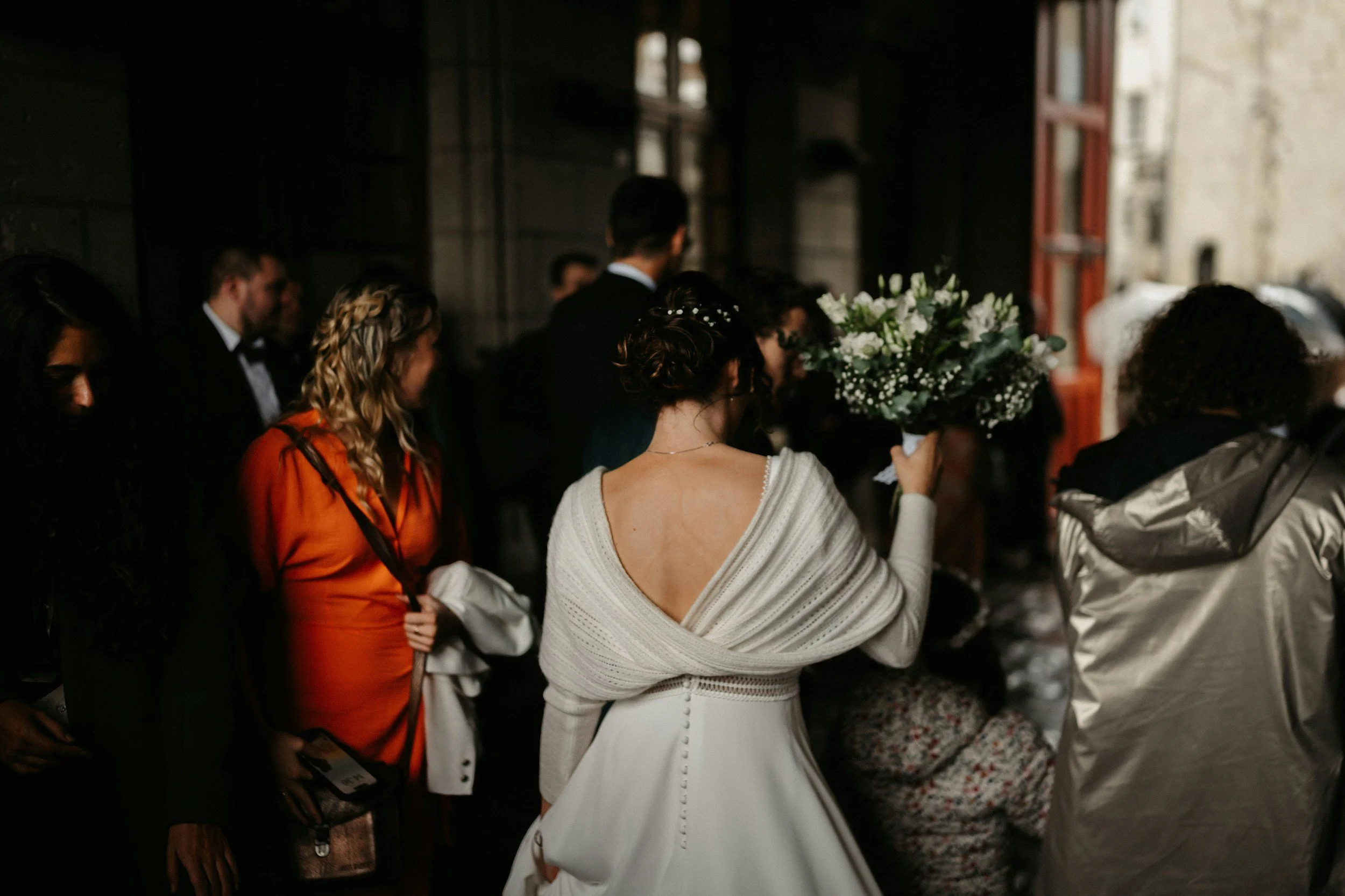 Bride in busy London streets on her wedding day