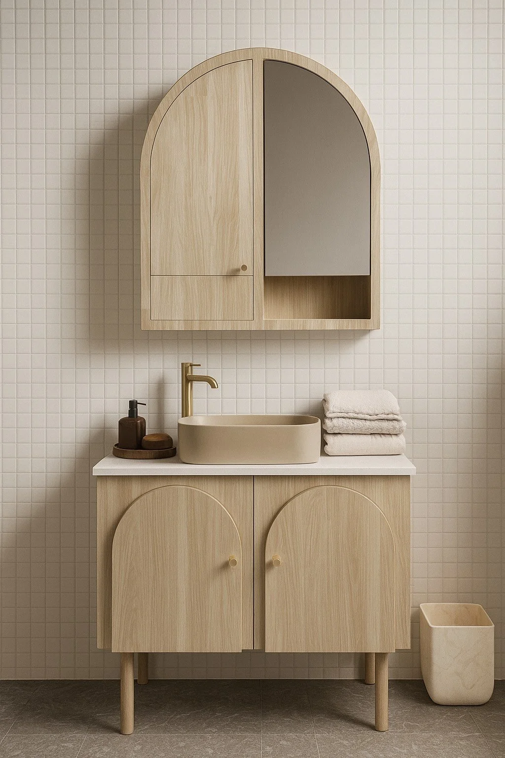A minimalist bathroom with a light wooden cabinet, a beige basin, a gold faucet, and neatly folded towels on a white countertop, with a matching wall-mounted cabinet and a trash bin.