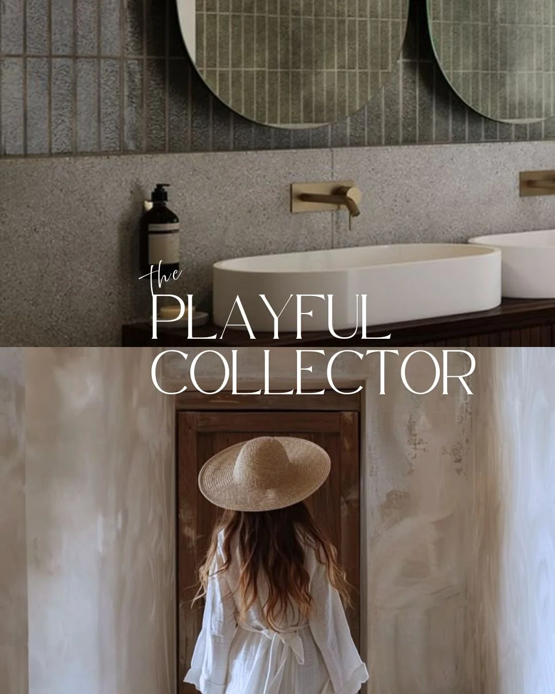 A bathroom with round mirrors above two sinks and a person with long hair wearing a wide-brimmed hat facing a wooden door.