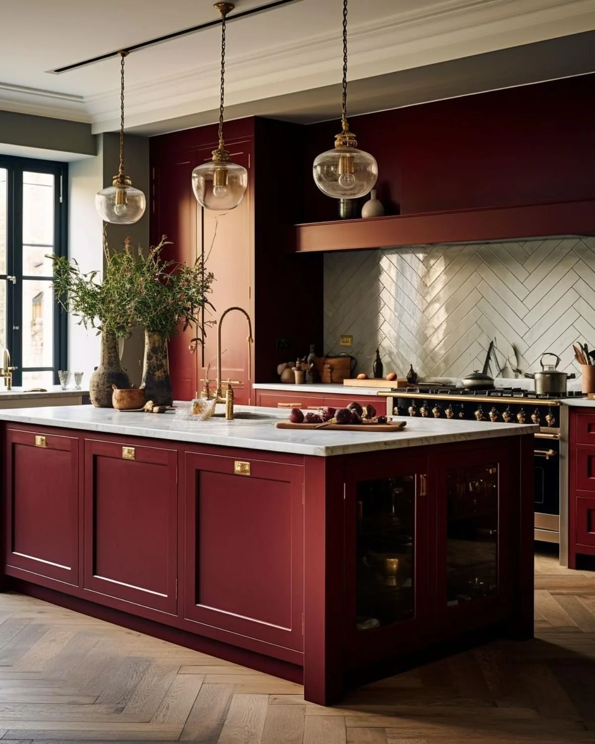 A stylish kitchen featuring a red kitchen island with a white marble countertop, hanging glass pendant lights, and a window with black framing. There are vases with greenery on the island and a patterned backsplash behind the stove.
