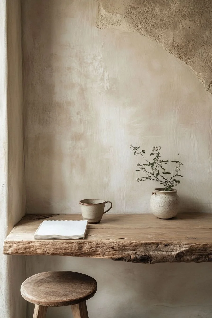 A minimalist corner with a rustic wooden shelf holding a notebook, a ceramic mug, and a small vase with a plant, set against a textured beige wall.
