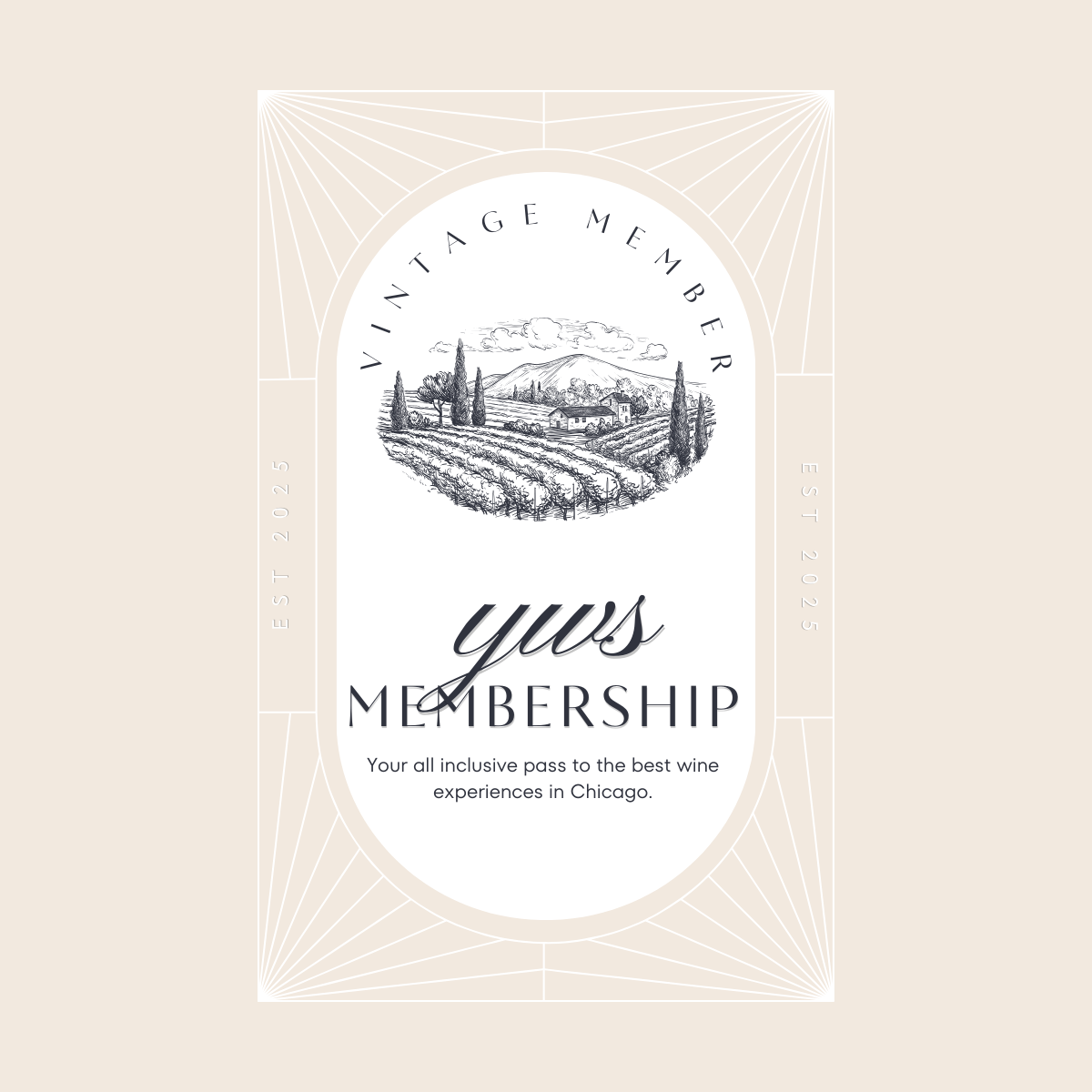 A promotional card for a wine membership club featuring a black and white landscape illustration of a vineyard with rolling hills and cypress trees, and text promoting exclusive wine experiences in Chicago.