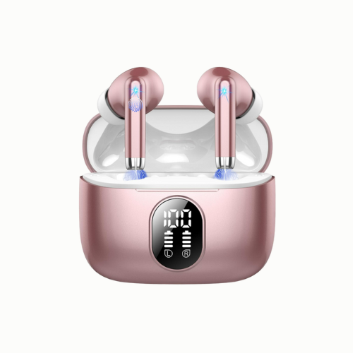Roze draadloze oordopjes in een bijbehorende oplaadcase met digitale display.