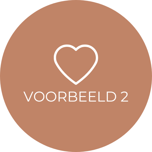Bruine cirkel met witte hart en tekst 'VOORBEELD 2'