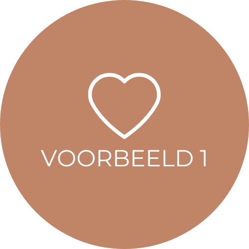 Bruine cirkel met witte hart en de tekst 'VOORBEELD 1'.