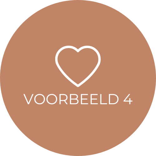 Bruine cirkel met witte hart en tekst 'VOORBEELD 4'.