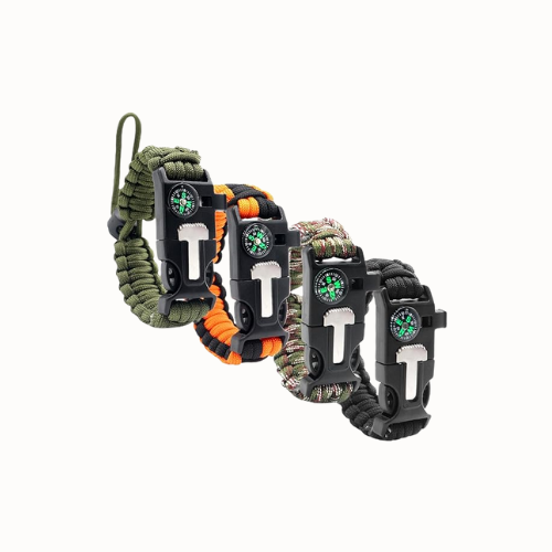 Vier herenkampar met ingebouwde kompas en paracord handvat, in verschillende kleuren zoals groen, oranje, camouflage en zwart.