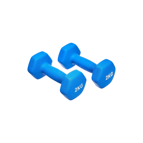 Twee blauwe haltergewichten van 2 kg elk.