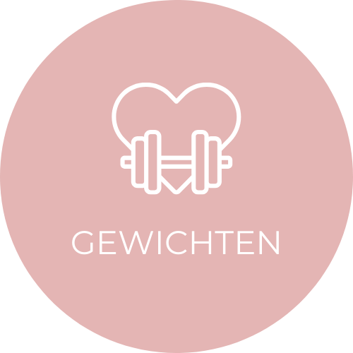 Gezicht in vorm van hart met een dumbbell erin en het woord 'Gewichten' eronder, op een roze achtergrond.