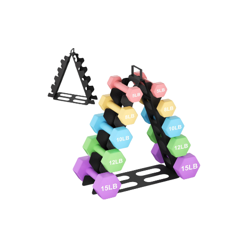 Kleurrijke dumbbells in verschillende gewichten op een zwart rekje, voor krachttraining.