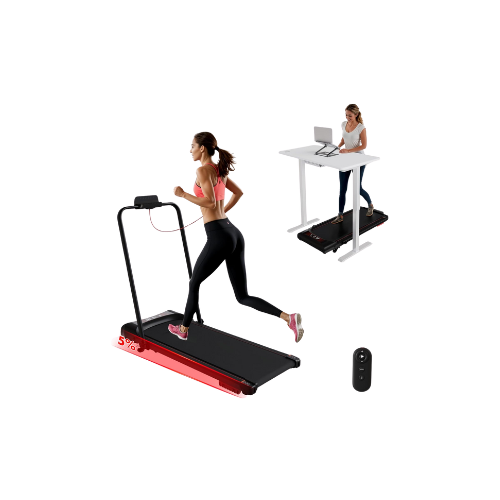 Vrouw rent op een loopband terwijl een andere vrouw aan een bureau met een laptop zit en een afstandsbediening naast hen ligt.