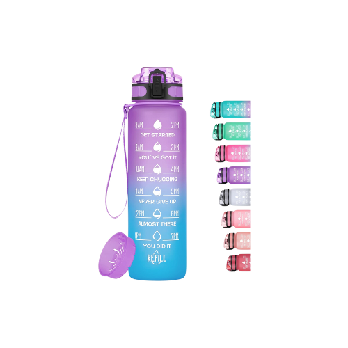 Herbruikbare waterfles met tijdsaanduidingen en motivatie op de voorzijde, met losse sluitingen en een lus voor aan een tas.