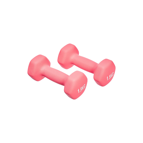 Roze kunststof dumbbells met een gewicht van 1,5 kilogram elk.