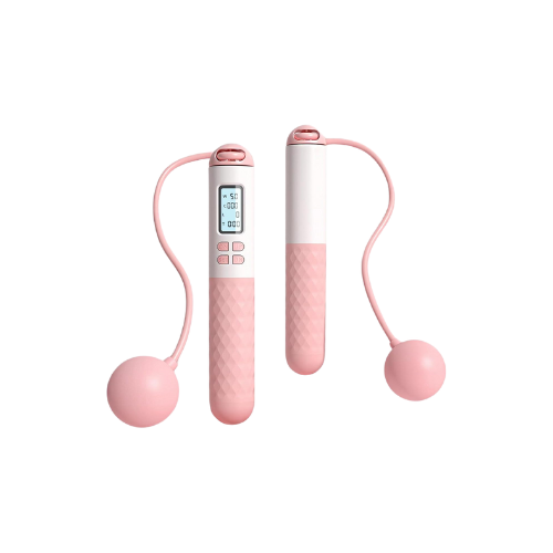 Een roze en witte elektronische dansvloer met twee handvibrators, een met scherm en knoppen.