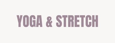 Tekst met de woorden 'Yoga & Stretch' in paarse letters op een witte achtergrond.