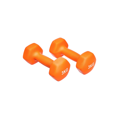 Twee oranje dumbbells met een gewichtsaanduiding van 3 kg.