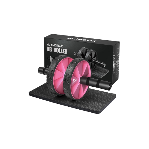 Buitenlandse abdominale wervelkolomtrainer met roze en zwarte onderdelen, in originele verpakking.