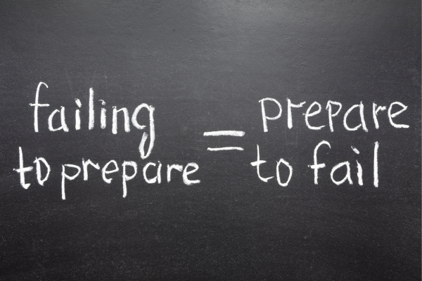 Grote anhandschrift op zwart bord met de tekst 'failing = prepare to fail'