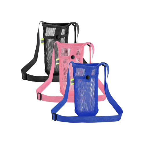 Drie kleuren mesh waterfleshouders in zwart, roze en blauw