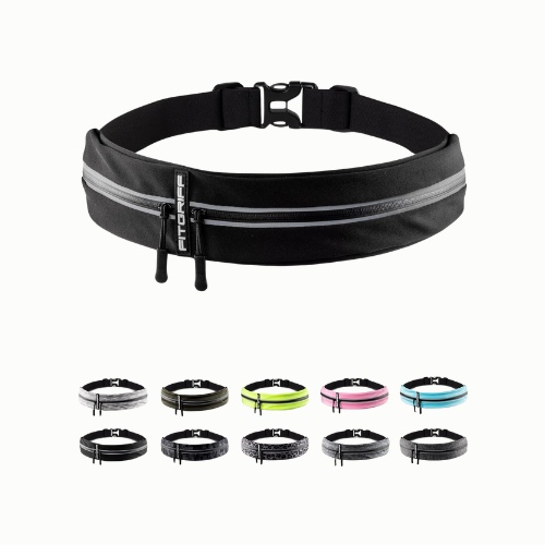 Hardloopriem in zwart met reflecterende strepen en een ritssluiting, verkrijgbaar in verschillende kleuren.