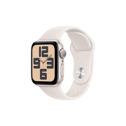 Een witte smartwatch met een rechthoekig scherm en een beige wijzerplaat met grote zwarte cijfers, afgebeeld tegen een witte achtergrond.