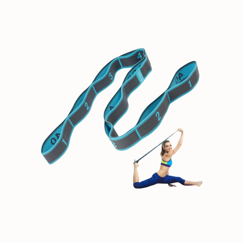 Sportband en een vrouw die stretcht met een yoga riem.