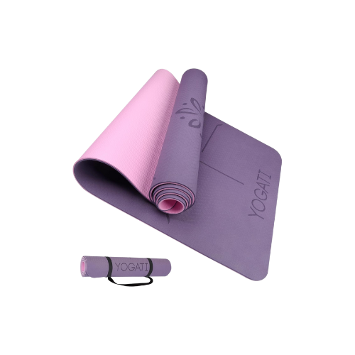Yogamat en yogablokken in paars en roze.