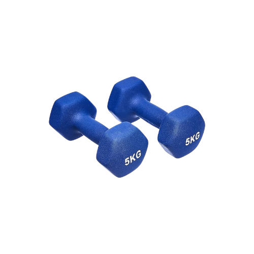 Twee blauwe dumbbells van 5 kg elk