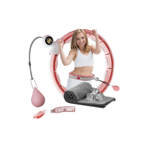 Vrouw met fitnessapparatuur en beautyproducten, inclusief een roterende fitnessmachine, handdoek, scheermesje, en doek, alles in een samenhangend composition.