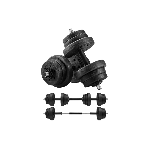 Een set van twee verstelbare dumbbells en twee enkele halterstaven met gewichten, geschikt voor krachttraining.