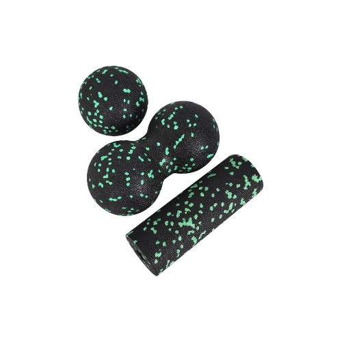 Set van drie zwarte foamrollers met groene en witte spikkels