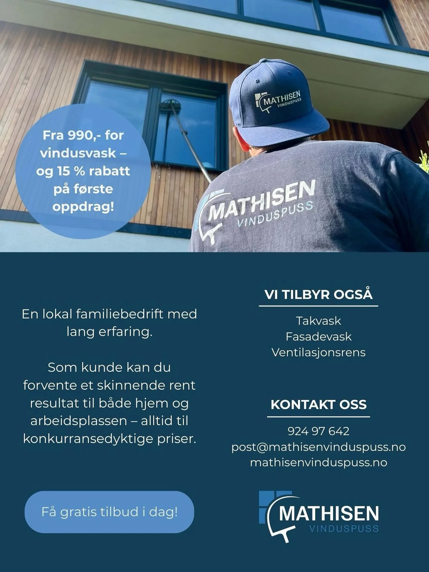 ✨ Gi hjemmet eller arbeidsplassen en skinnende ren utsikt! ✨
Akkurat n&aring; f&aring;r du 15% rabatt p&aring; f&oslash;rste vindusvask!

Med lang erfaring og konkurransedyktige priser kan du v&aelig;re trygg p&aring; at jobben blir gjort grundig og 