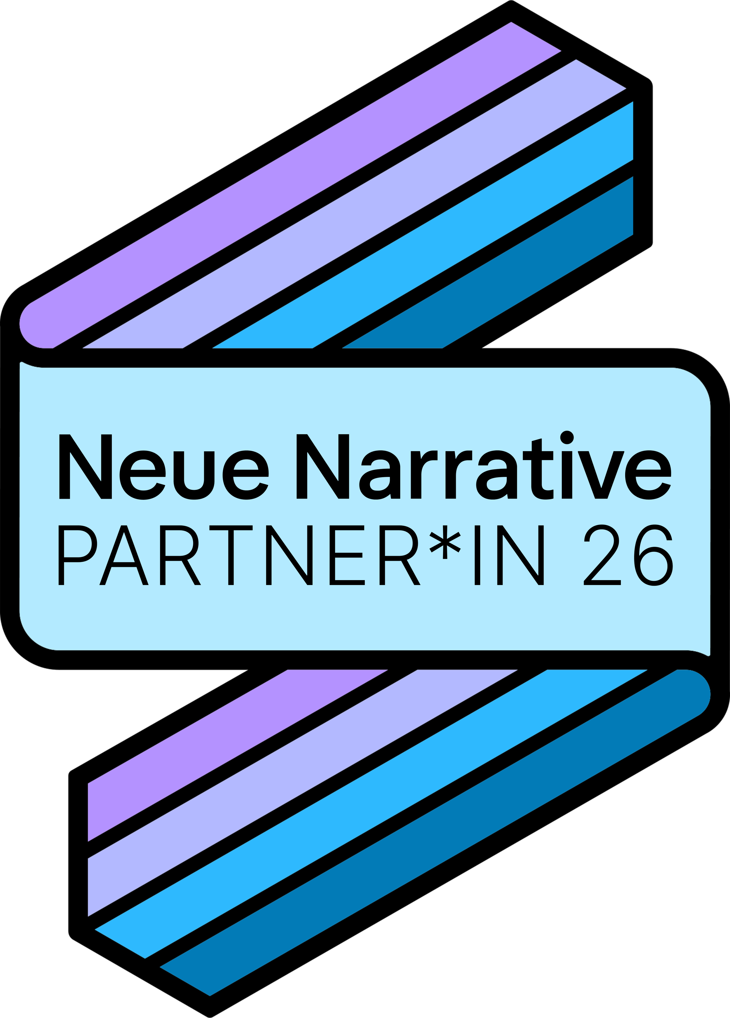 Grafik mit Text 'Neue Narrative PARTNER*IN 26' auf blauer Hintergrund, umgeben von diagonalen Linien in Blau, Lila und Schwarz