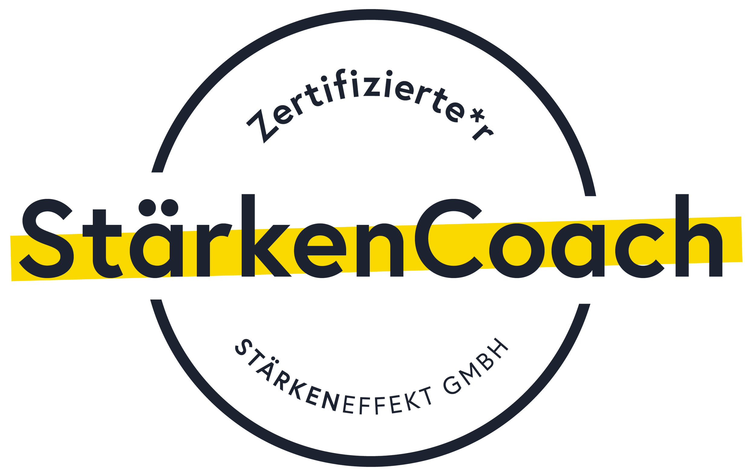 Das Logo zeigt den Text "StärkenCoach" in schwarzen und gelben Farben, umgeben von einem schwarzen Kreis mit zusätzlichen deutschen Wörtern wie "zertifiziert" und "Stärkenseffekt".
