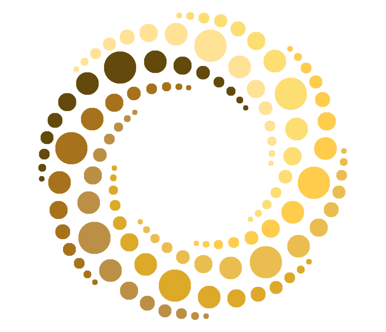 A circular arrangement of gold and bronze dots forming a ring on a black background.