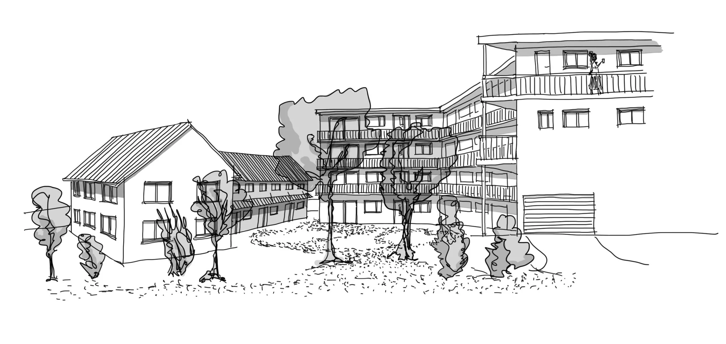 Line drawing of residential buildings with trees and a woman standing on a balcony.