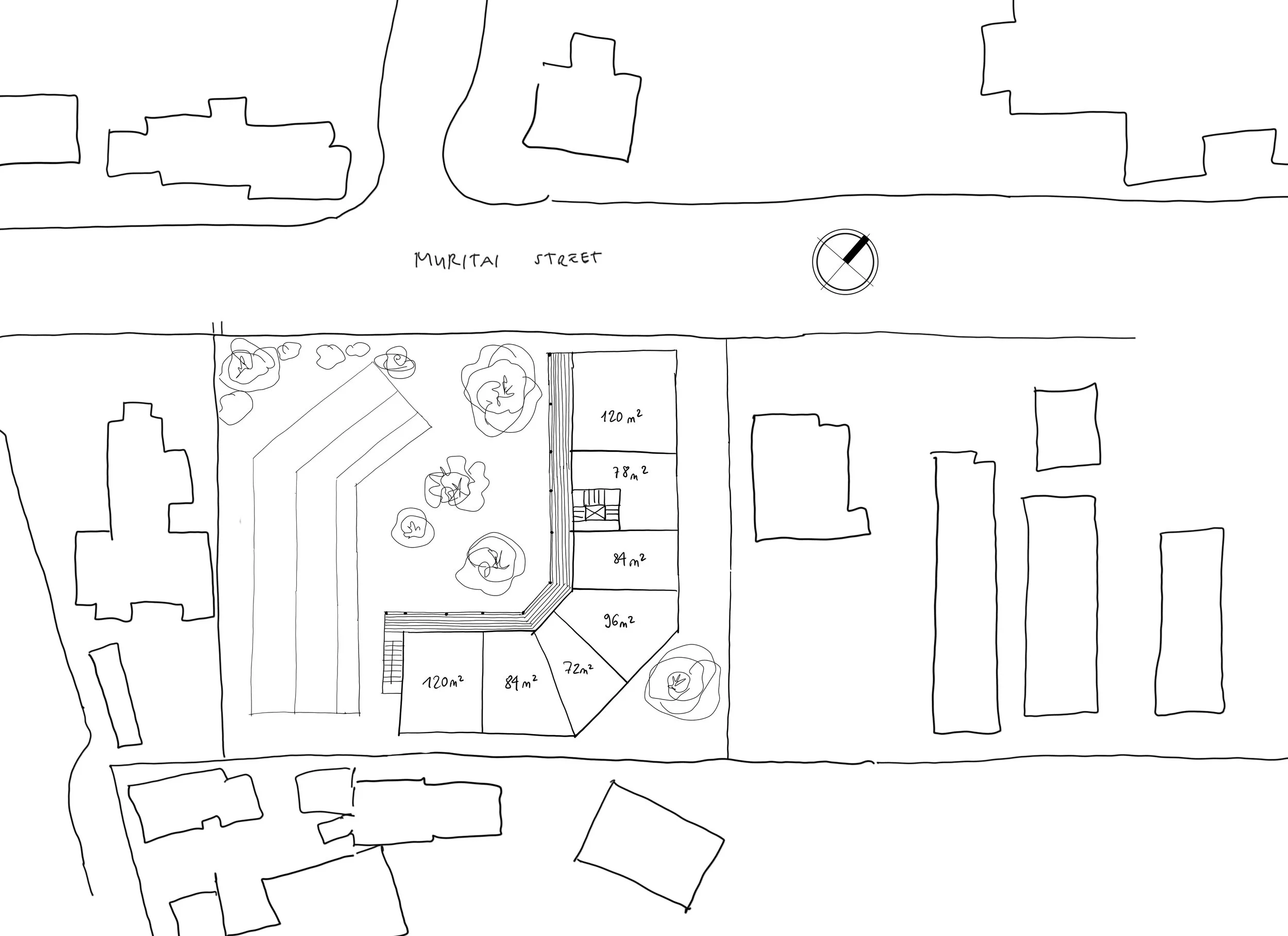 A hand-drawn map showing an outline of a complex with different rooms labeled with their area in square meters, trees, pathways, and surrounded by other buildings and streets, including Muritai Street at the top.