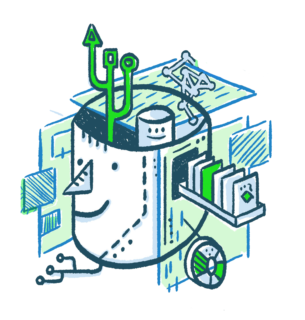 Illustration représentant un laboratoire d’intelligence artificielle : une tête stylisée reliée à un réseau de connexions symbolisant les flux d’idées, les données et les processus cognitifs.