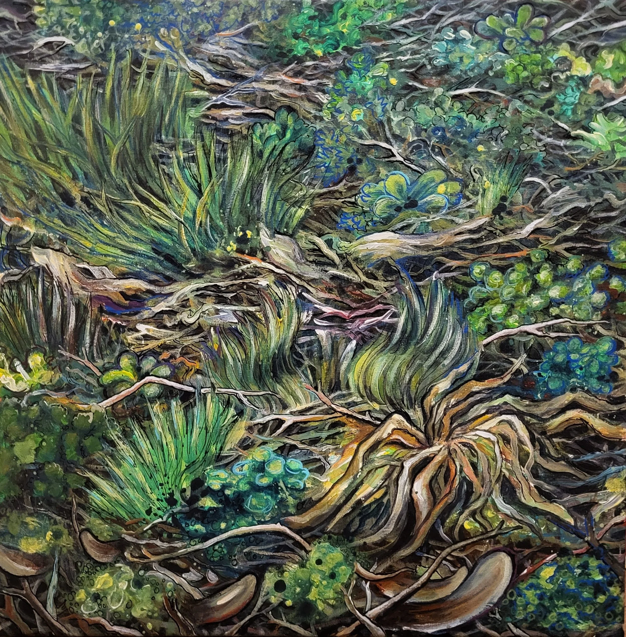 Tram tracks, Brussels. Acrylic and pen on canvas 50 x 50 cm