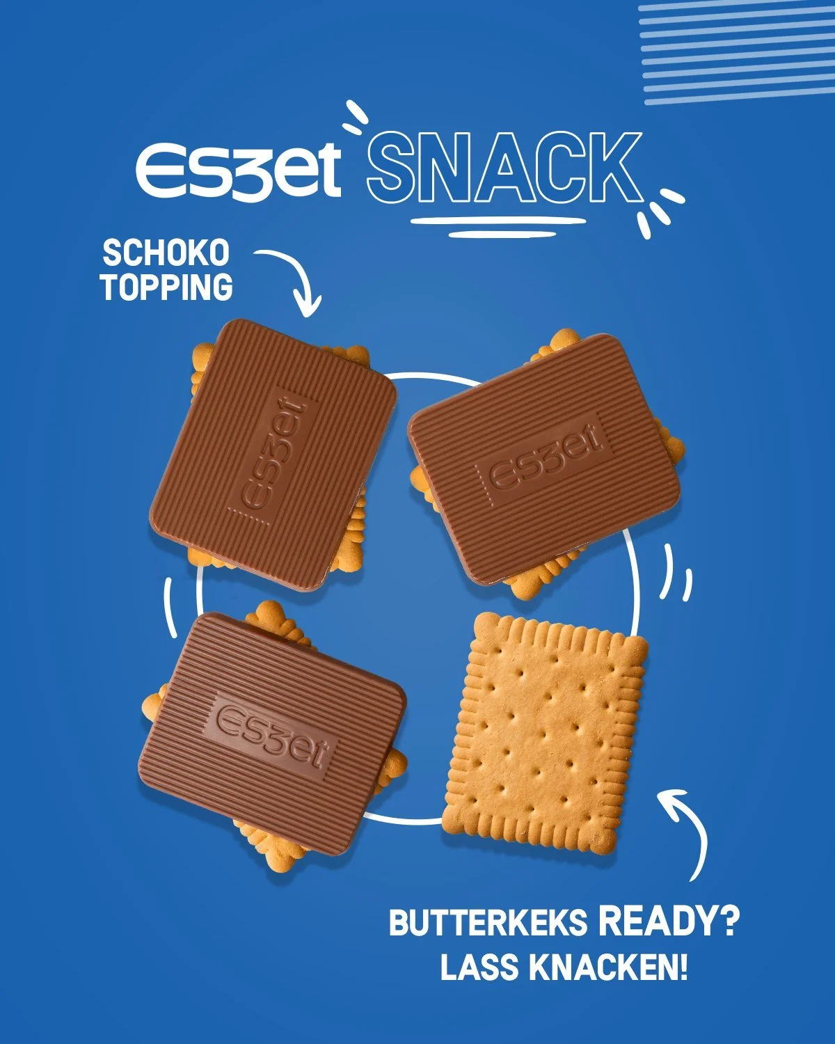 Dieser super einfache, knackige Snack geht wirklich immer und &uuml;berall: Im Zug, auf der Arbeit, bei der Wanderung oder auch beim Spieleabend mit den Freunden. 🍫🍪

Einfach Butterkeks deiner Wahl als Basis nehmen und Eszet Schnitten drauflegen. &
