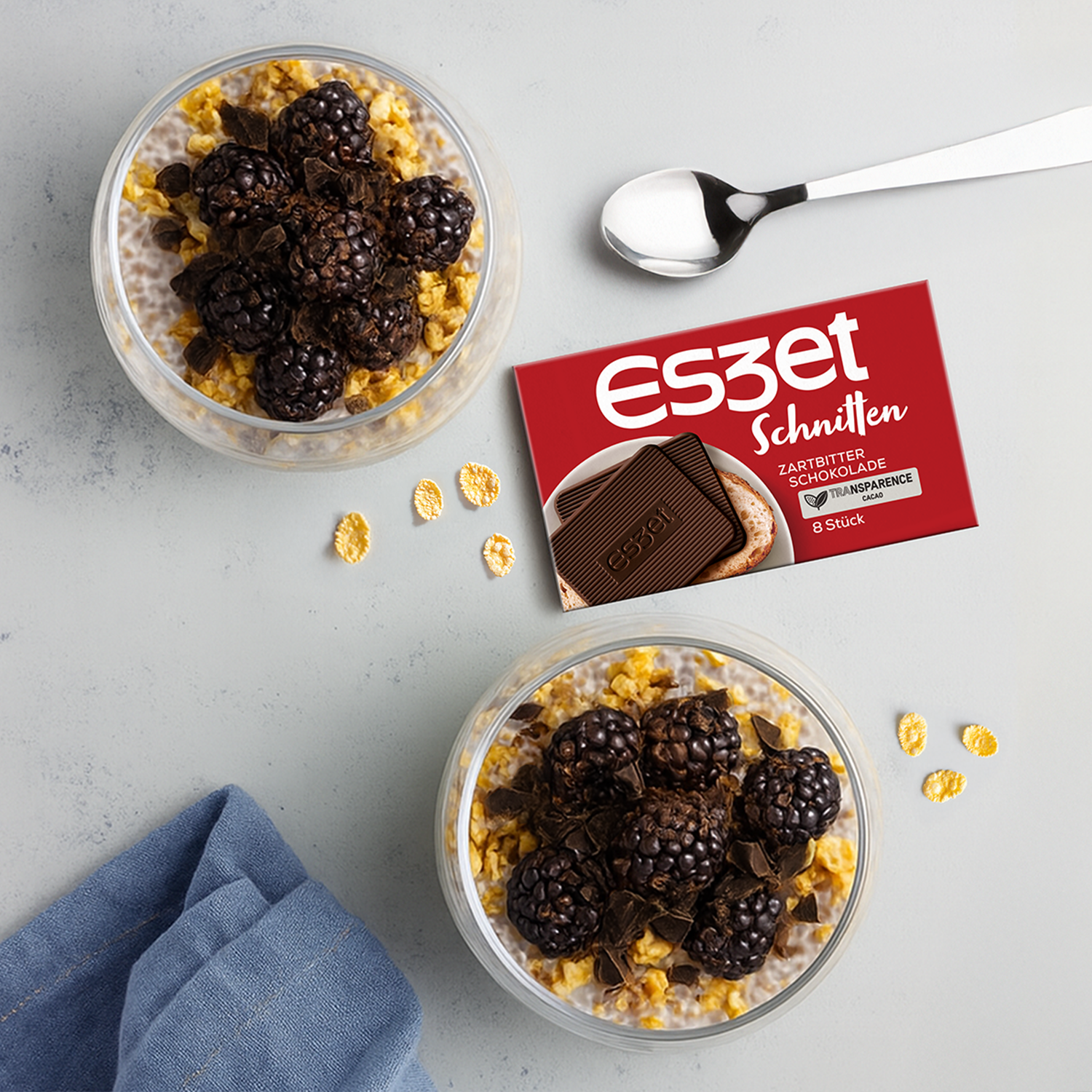 Eszet Rezept Overnight mit Brombeeren und Eszet Zartbitter Schokolade als schnelles Frühstück, Porridge Idee und süßes Meal Prep Rezept
