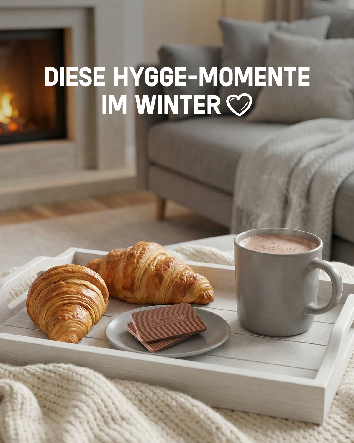 Eszet Schokolade Schnitten für gemütliche Hygge Momente im Winter mit Croissants, Kaffee und süßem Schokoladengenuss für Frühstücksmomente