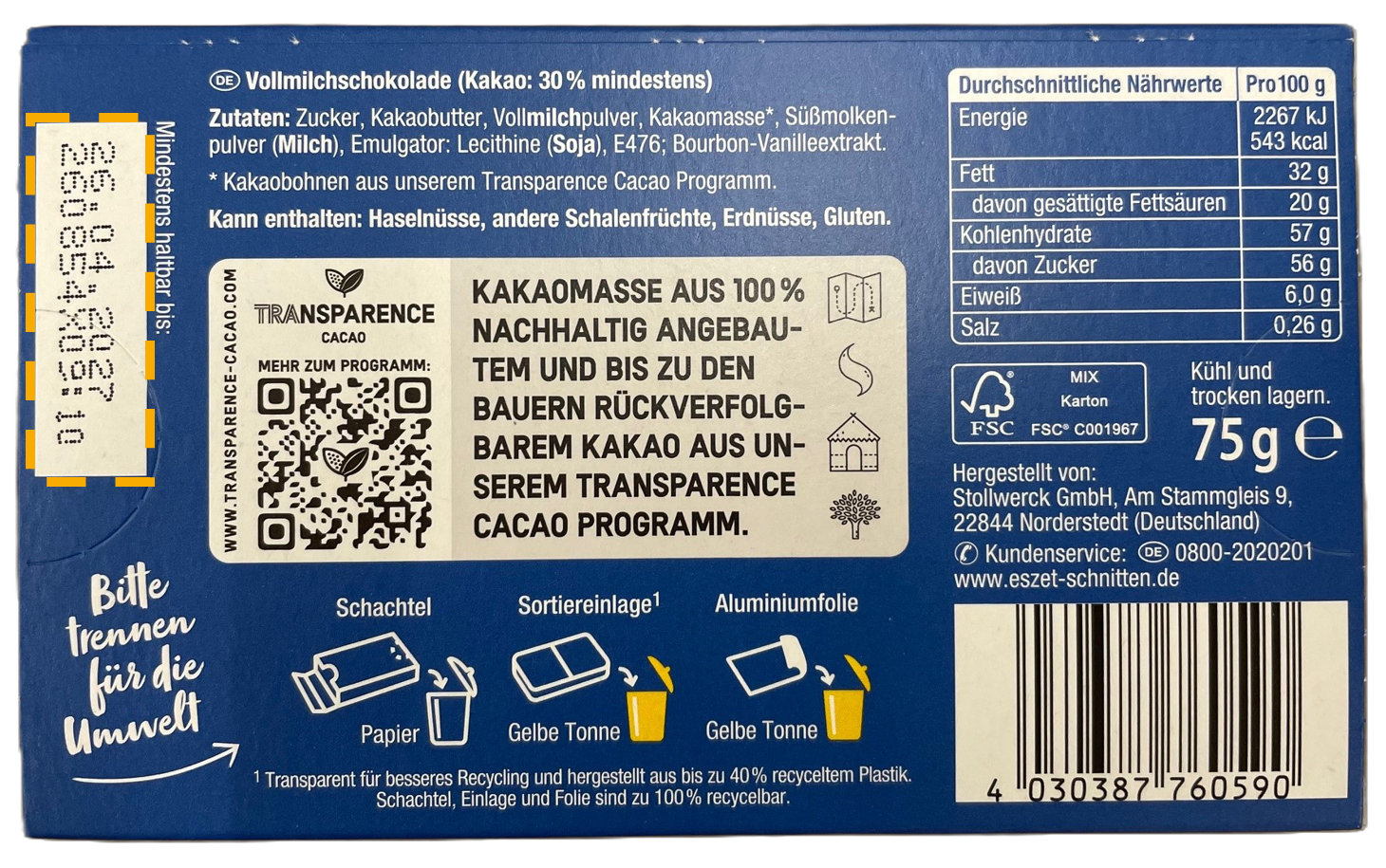 Rückseite der Eszet Vollmilch Schokolade Verpackung mit Chargennummer, Zutaten, Nährwerten und Produktinformationen
