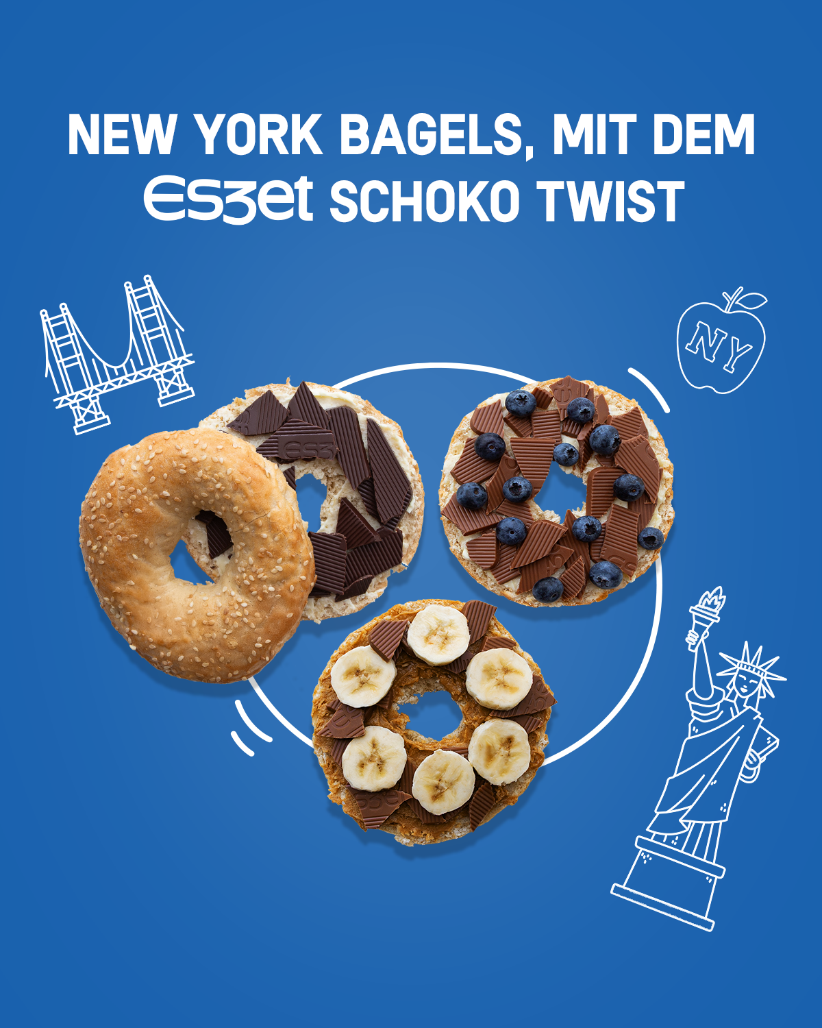 Eszet Schokolade International. New York Bagels mit dem Eszet Schoko Twist, für internationale Frühstücksmomente.