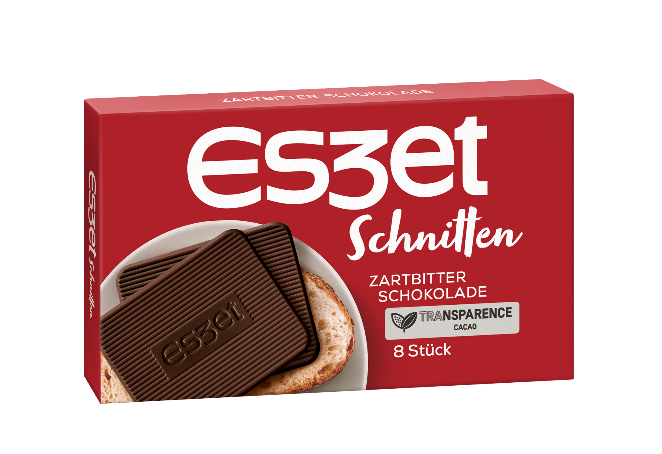 Eszet Zartbitter Schokolade Schnitten 8 Stück als Produktvorschlag, Packshot für intensivem Schokoladengeschmack