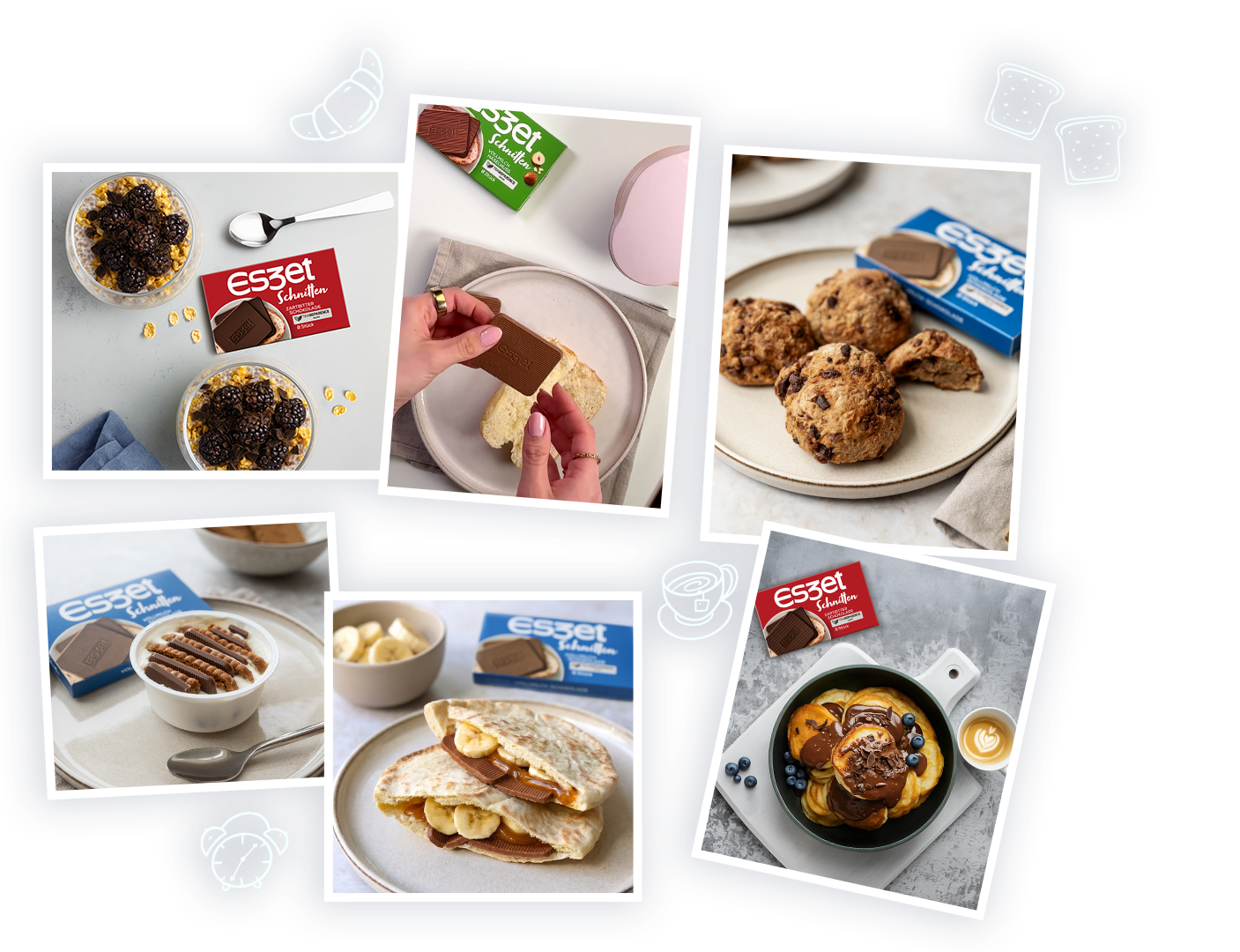 Eszet Rezeptseite mit Frühstücksideen: Pancakes, Porridge, Cheesecake, süßer Döner und weitere Frühstücksrezepte mit Eszet Schnitten in Vollmilch, Zartbitter und Haselnuss als Inspiration für süße Frühstücksmomente.
