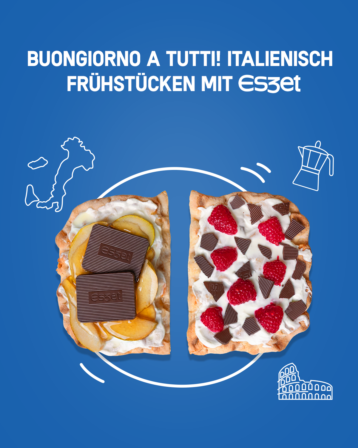 Eszet Schokolade International. Italienische Pinsa mit Eszet Schokolade, Banane, Frischkäse und Himbeeren als süße Frühstücksidee.