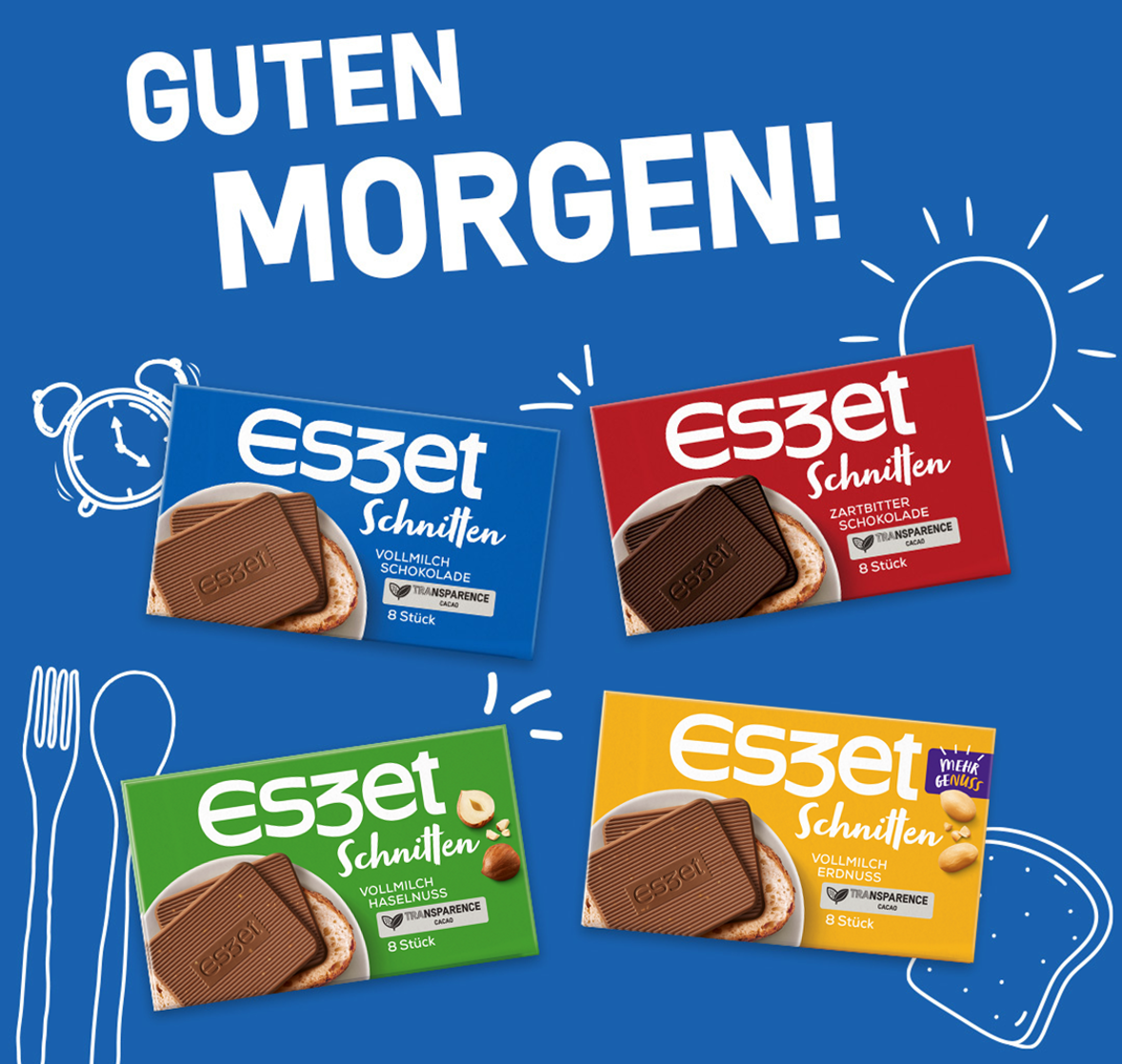 Eszet Schnitten Sortiment mit Vollmilch, Zartbitter, Haselnuss und Erdnuss – vier Schokoladensorten für einen guten Morgen.