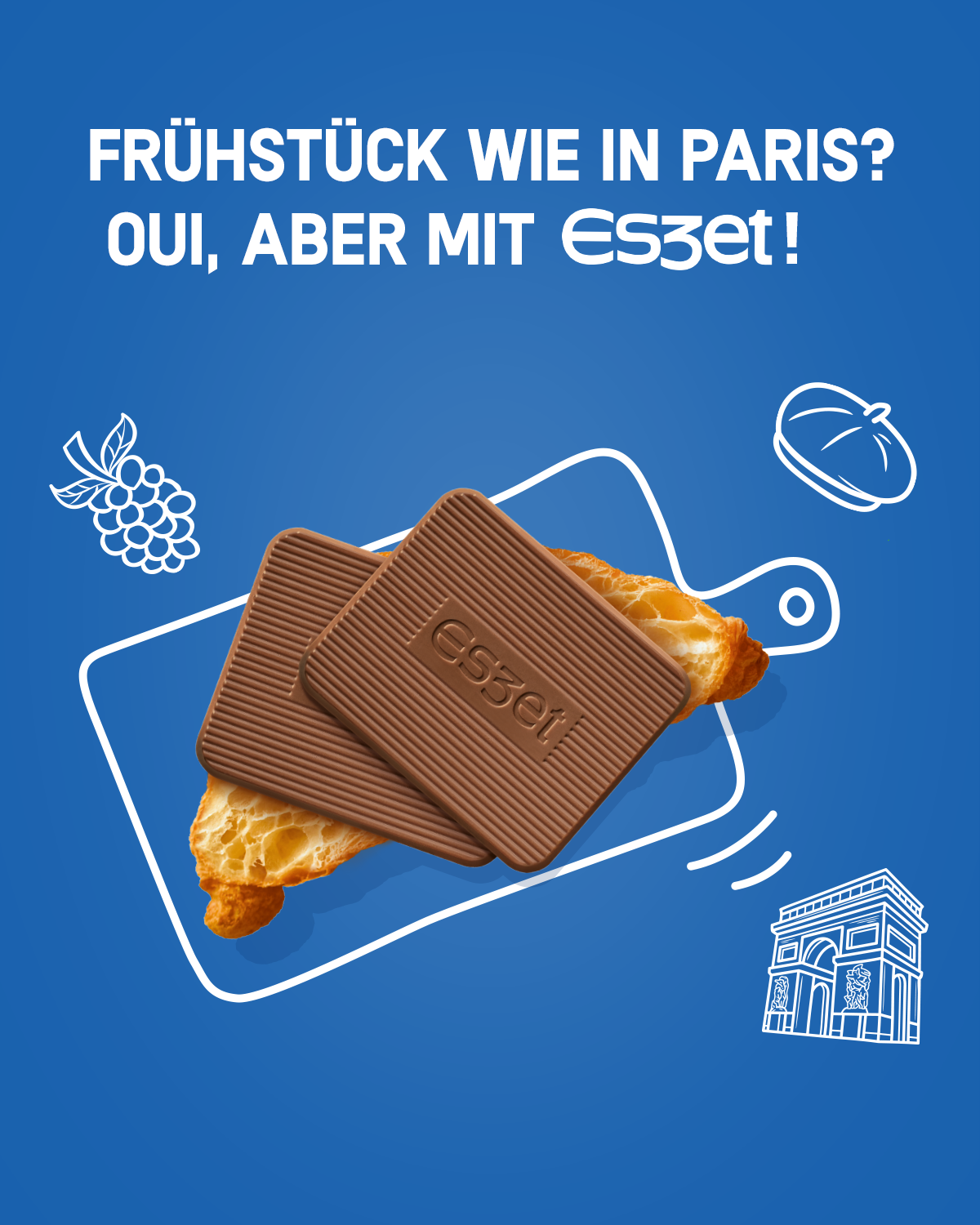 Internationales Eszet Frühstück im Paris Stil mit Croissant und Eszet Schokolade als französische Frühstücksidee.
