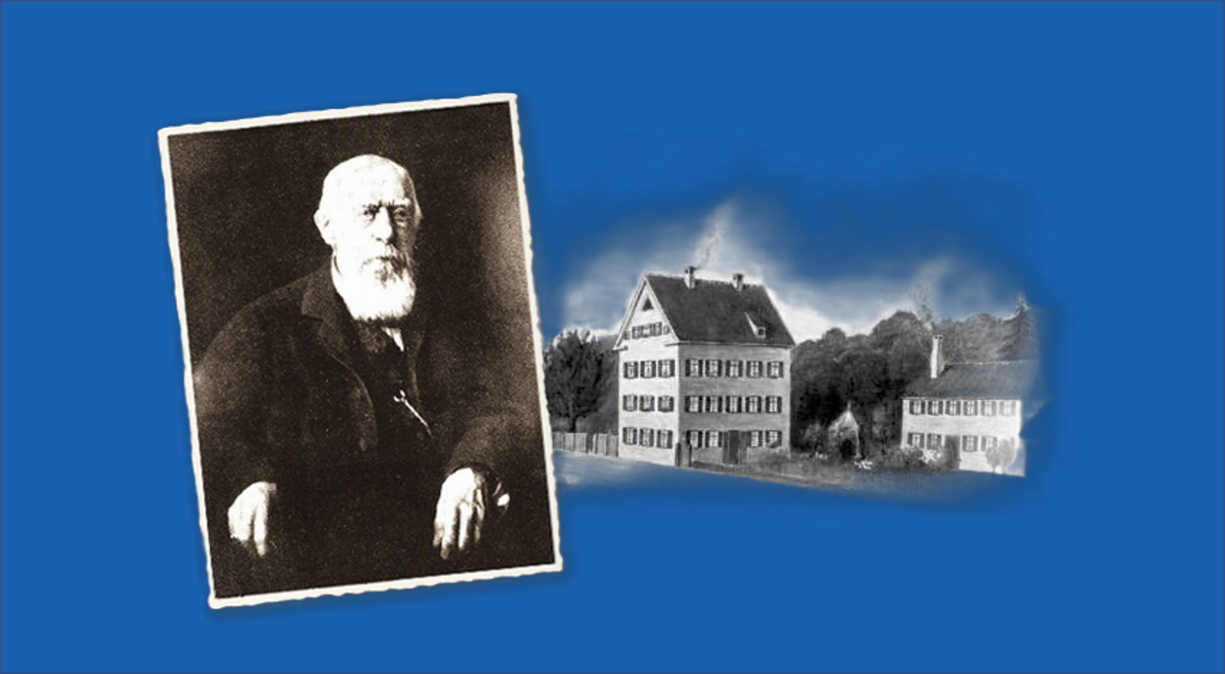 Historisches Porträt des Konditors Ernst Staengel sowie das Wohn- und Geschäftshaus der Firmengründer. Mit der Gründung der Kakao- und Schokoladenfabrik Staengel & Ziller im Jahr 1857 begann die Geschichte von Eszet.